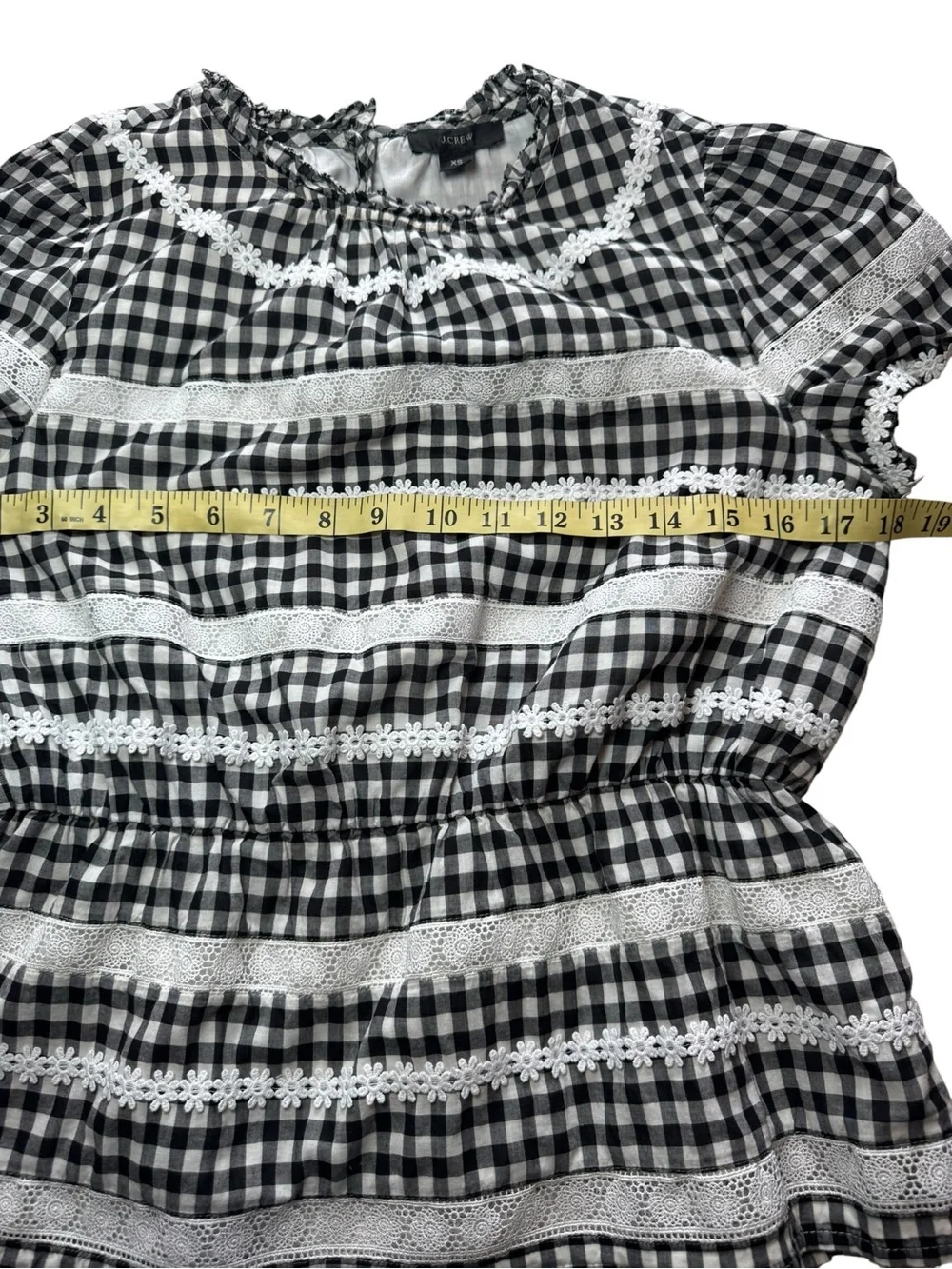J. Crew Daisy Chain Black & White Gingham Smocked Waist Short Sleeve XS Top